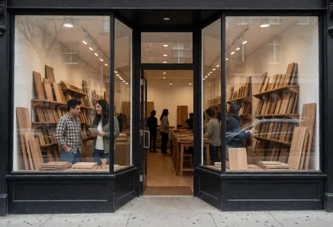 Un client et un vendeur échangent des informations devant des rayonnages en bois dans une boutique de menuiserie.