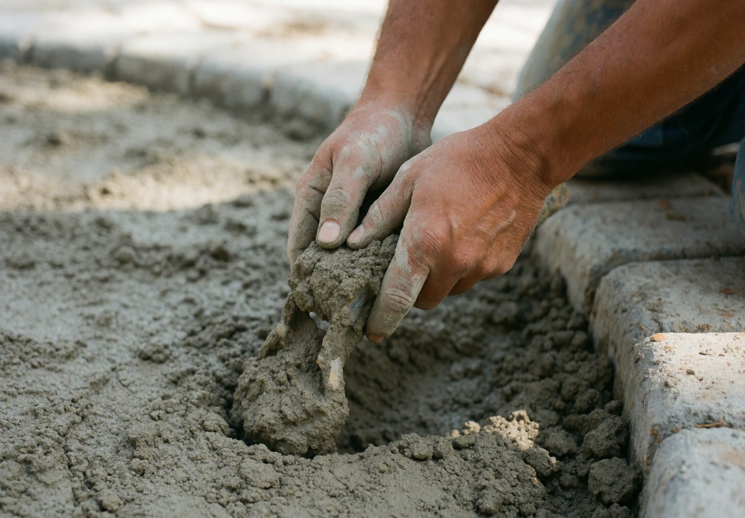Gros plan sur une main d'ouvrier en train de mélanger du ciment gris pour la pose de bordures dans un chantier de construction.