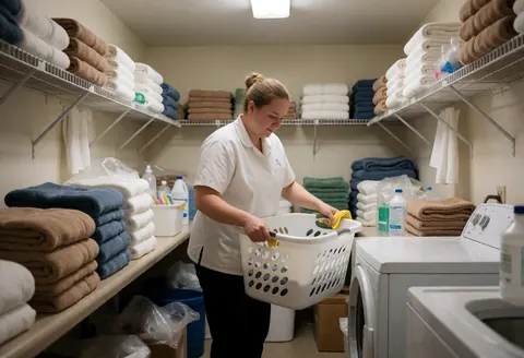 Une employée en train de nettoyer un panier à linge au sein d'une laverie, entourée de serviettes pliées disposées sur des étagères.