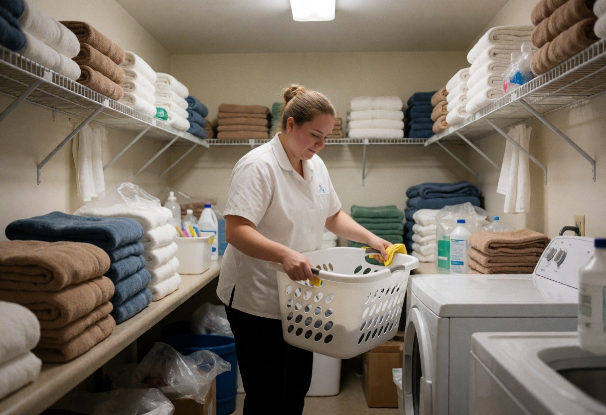 Une employée en train de nettoyer un panier à linge au sein d'une laverie, entourée de serviettes pliées disposées sur des étagères.