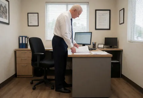 Un homme en costume vérifie des papiers sur un bureau avec un ordinateur et des classeurs, évoquant le secteur des assurances.