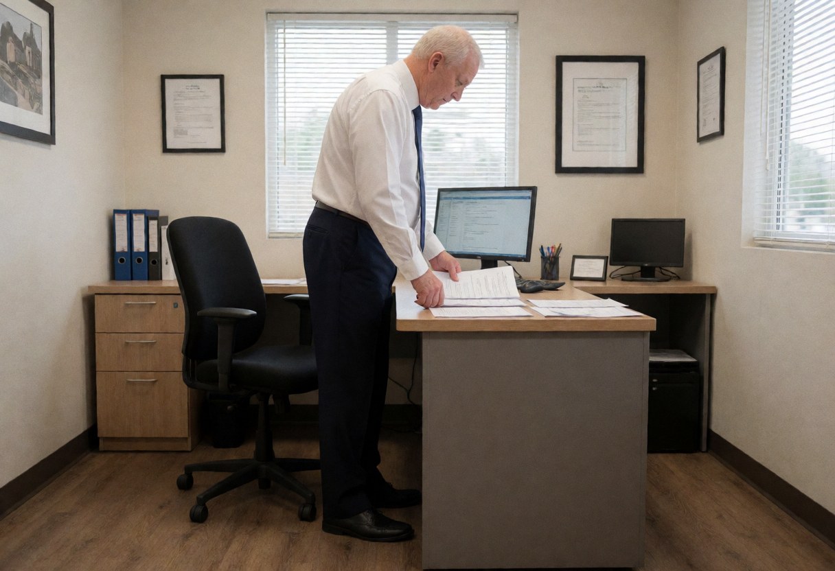 Un homme en costume vérifie des papiers sur un bureau avec un ordinateur et des classeurs, évoquant le secteur des assurances.
