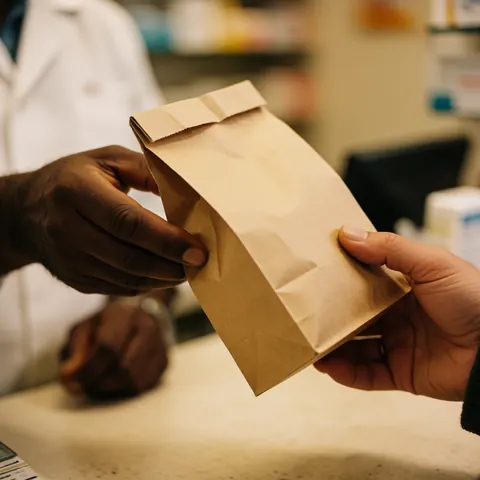 Un pharmacien tend une poche en papier contenant des produits pharmaceutiques à un client dans un établissement de santé.