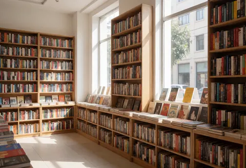 Vue intérieure d'une librairie présentant des étagères en bois remplies de livres rangés, baignée par la lumière naturelle entrant par les fenêtres.