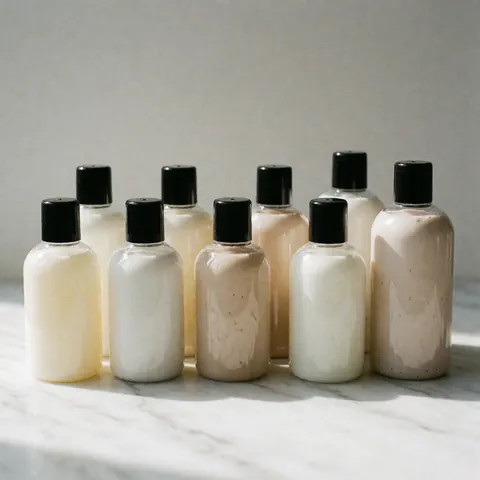 Des bouteilles de shampooing et d'après-shampooing pour animaux sont alignées sur une surface en marbre blanc, éclairées par la lumière naturelle avec des ombres douces.