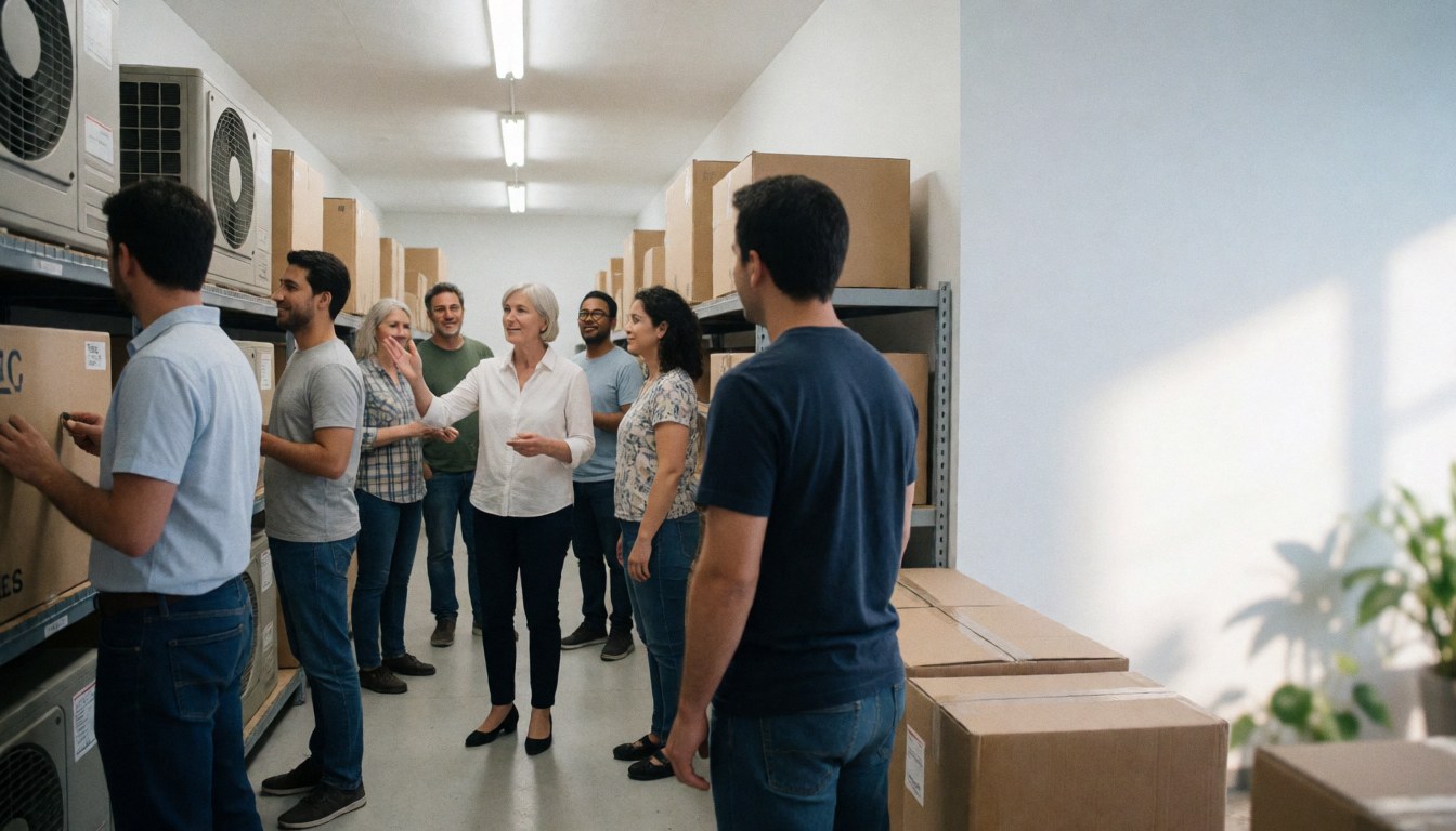 Une gérante examine des unités de réfrigération et des cartons dans un entrepôt propre avec son équipe, dans un cadre professionnel.