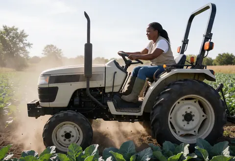 Une femme en tenue de travail conduit un petit tracteur dans un champ de légumes, soulevant de la poussière sous une lumière naturelle.