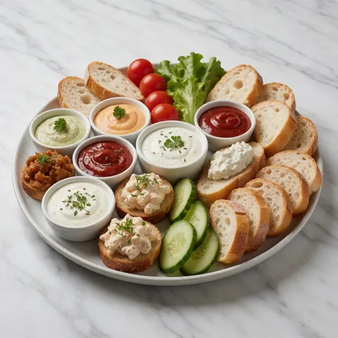 Assiette contenant diverses trempettes, tranches de concombre, tomates cerises, laitue et morceaux de pain frais sur une surface en marbre blanc.