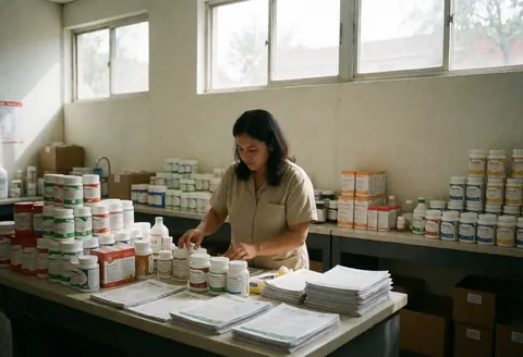 Une nutritionniste trie des suppléments et des documents dans un entrepôt éclairé par la lumière naturelle, entourée de bouteilles et de boîtes de produits.