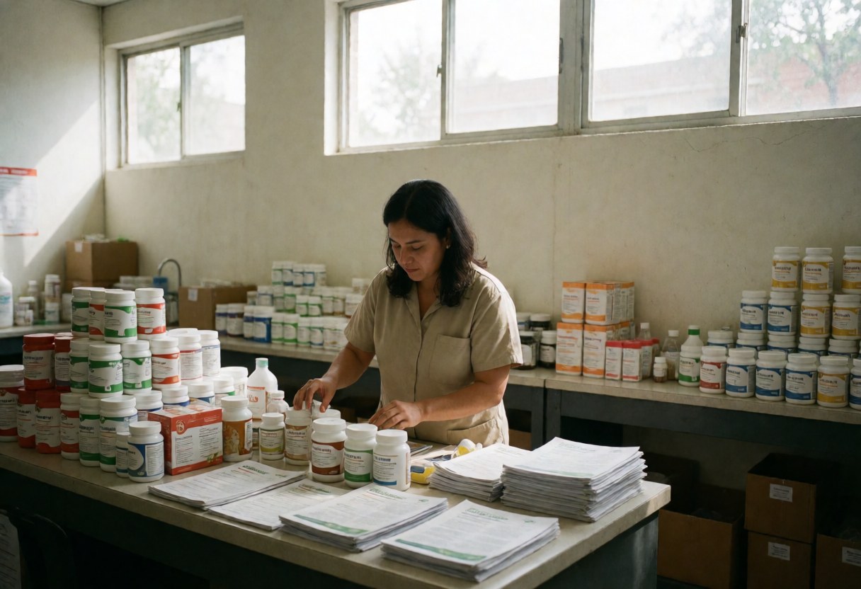 Une nutritionniste trie des suppléments et des documents dans un entrepôt éclairé par la lumière naturelle, entourée de bouteilles et de boîtes de produits.
