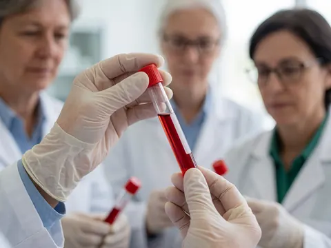 Gros plan d'une main portant un gant médical tenant un tube à essai rempli de sang rouge dans un laboratoire clinique avec du personnel en arrière-plan.