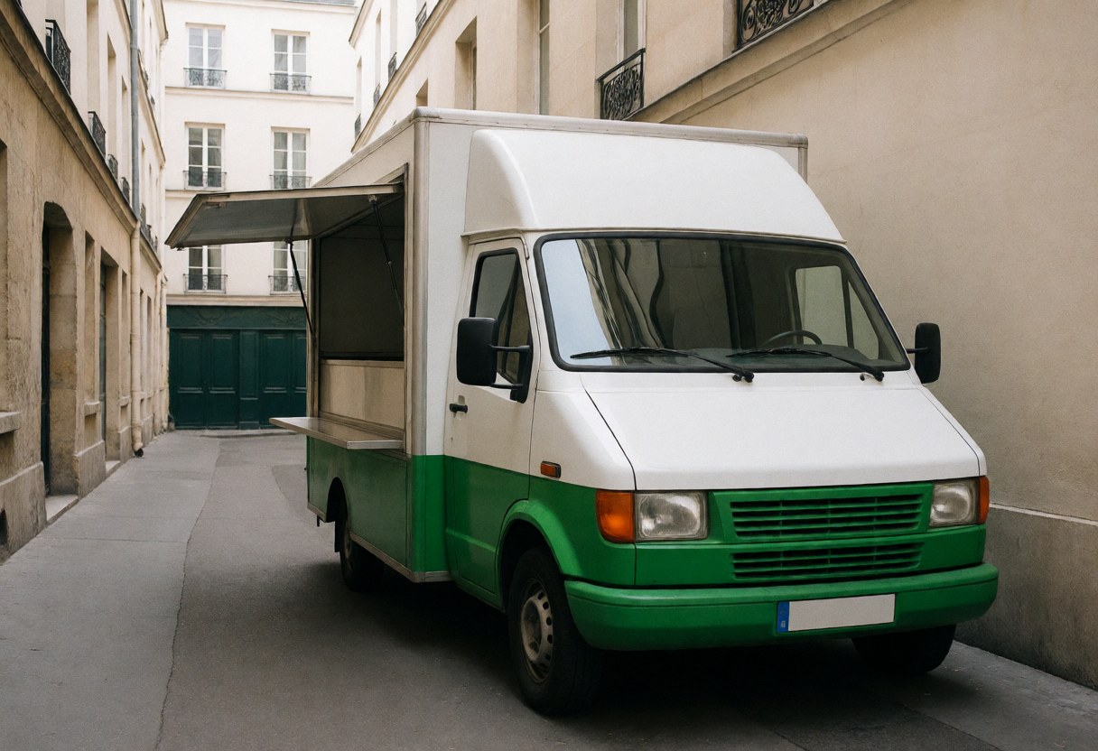 Un camion de nourriture blanc et vert est garé dans une ruelle étroite à Paris, avec son auvent déployé et des façades de bâtiments visibles de chaque côté.