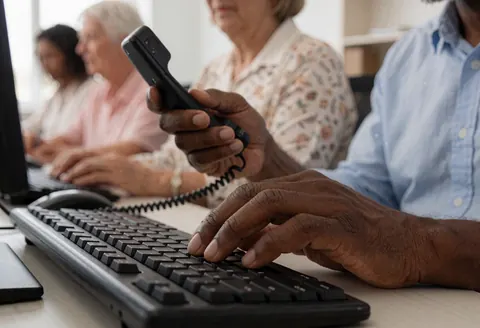 Une main utilisant un clavier d'ordinateur et un téléphone dans un bureau avec des collègues en arrière-plan.