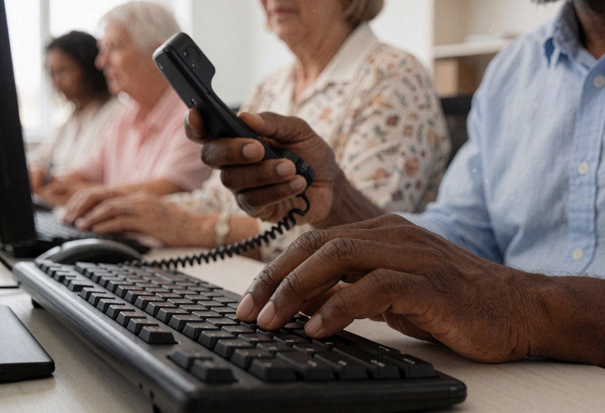 Une main utilisant un clavier d'ordinateur et un téléphone dans un bureau avec des collègues en arrière-plan.