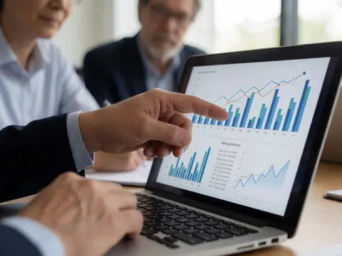 Une main indique des données financières sous forme de graphiques à barres et en lignes affichées sur l'écran d'un ordinateur portable lors d'une réunion professionnelle.
