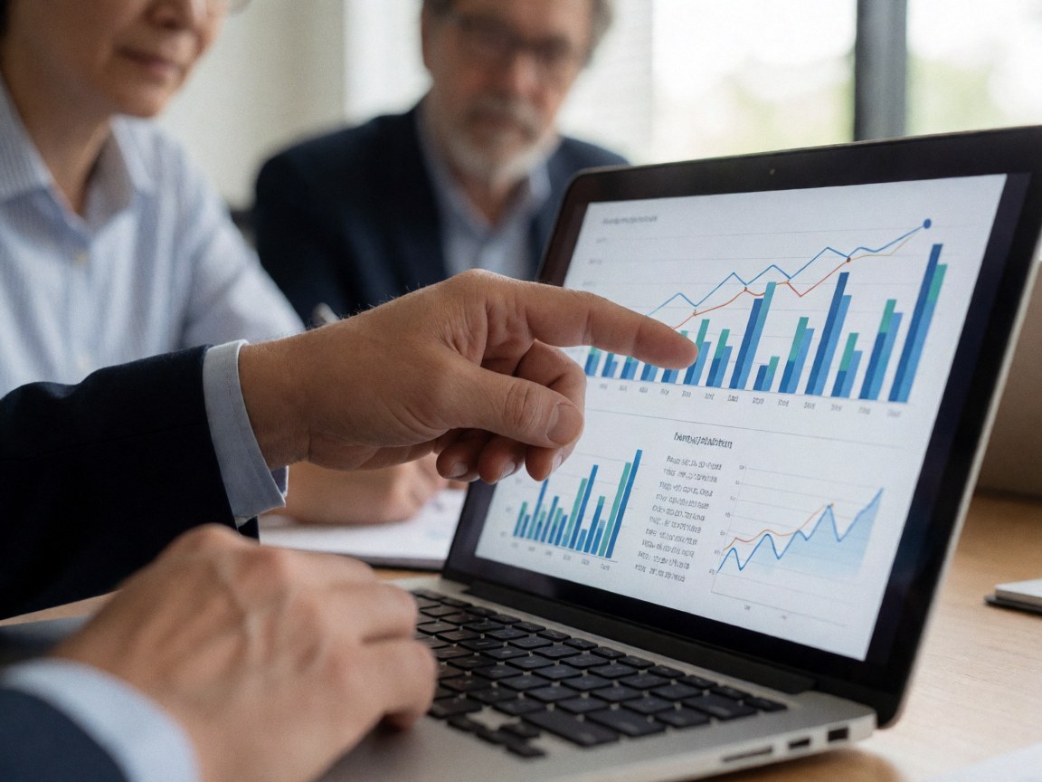 Une main indique des données financières sous forme de graphiques à barres et en lignes affichées sur l'écran d'un ordinateur portable lors d'une réunion professionnelle.