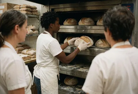Une boulangère examine des pains au levain dans un four industriel, entourée d'autres travailleurs dans une boulangerie réaliste.