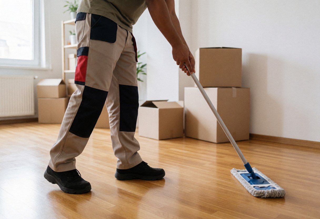 Un homme en pantalon de travail et chaussures noires utilise une serpillère sur un plancher en bois près de cartons.