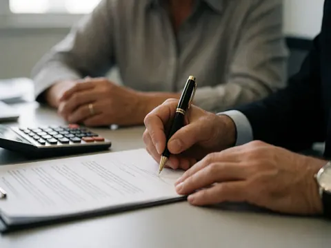 Une personne signe un document avec un stylo sur un bureau, une calculatrice posée à côté.