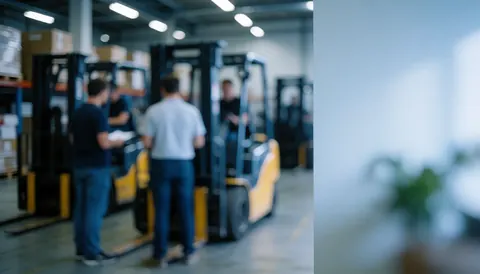 Plusieurs travailleurs manipulant des chariots élévateurs jaunes dans un entrepôt industriel avec des caisses sur des étagères.