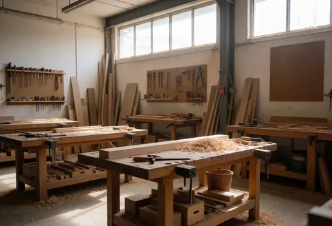 Vue d'un atelier de menuiserie montrant des établis en bois, des outils suspendus au mur et des copeaux de bois dispersés sur le sol.