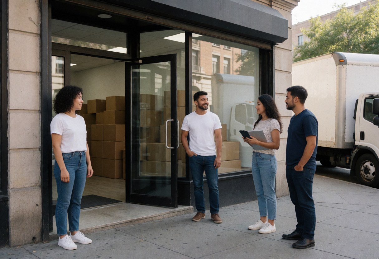 Quatre personnes en tenue décontractée discutant devant un magasin avec des cartons et un camion de démagement stationné.