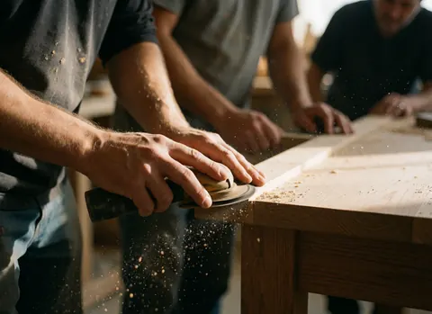 Un homme utilise une ponceuse électrique pour lisser le bord d'une table en bois dans un atelier de menuiserie.