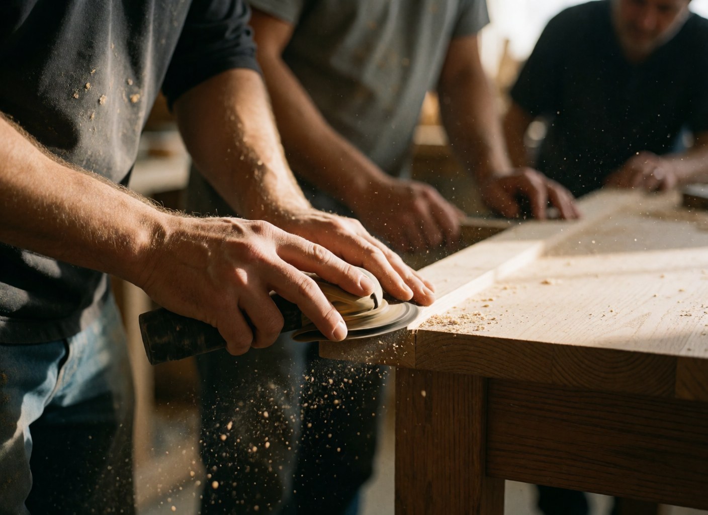 Un homme utilise une ponceuse électrique pour lisser le bord d'une table en bois dans un atelier de menuiserie.