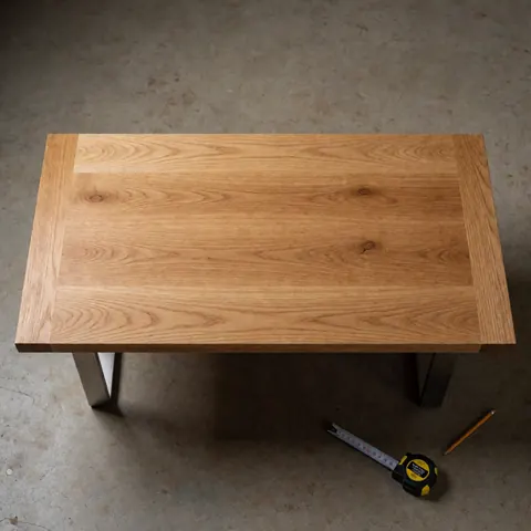 Table en bois aux pieds métalliques posée sur un sol en ciment, entourée d'outils de menuiserie tels que ciseaux et règle.