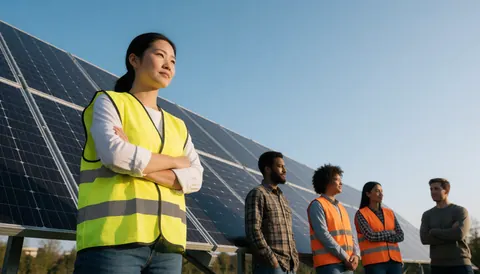 Groupe de travailleurs portant des gilets de sécurité devant des panneaux solaires sur un terrain ouvert.