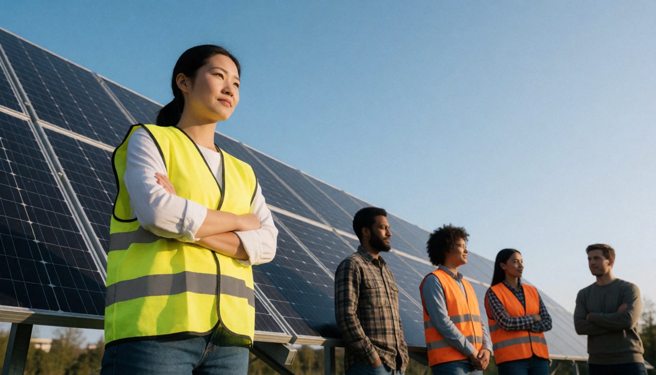 Groupe de travailleurs portant des gilets de sécurité devant des panneaux solaires sur un terrain ouvert.