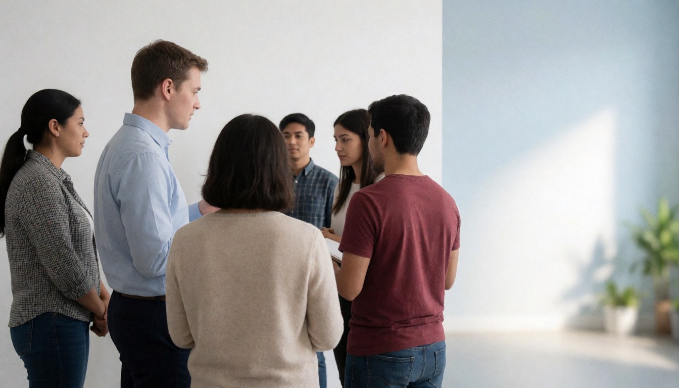 Un instructeur présente à un groupe dans une classe minimaliste avec espace libre à droite pour texte, ambiance professionnelle et réaliste.