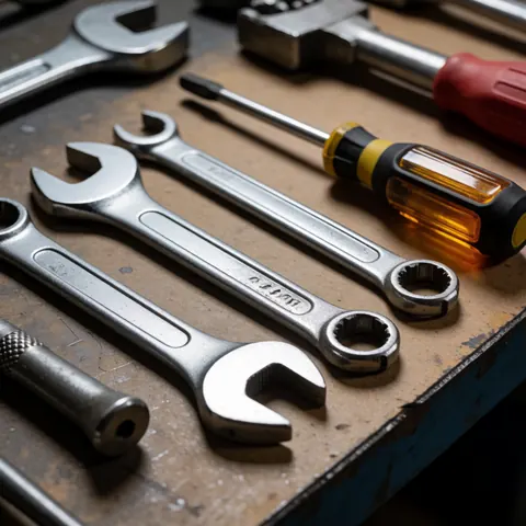 Ensemble de clés et tournevis professionnels disposés sur un établi industriel avec éclairage ciblé et détails métalliques brillants.