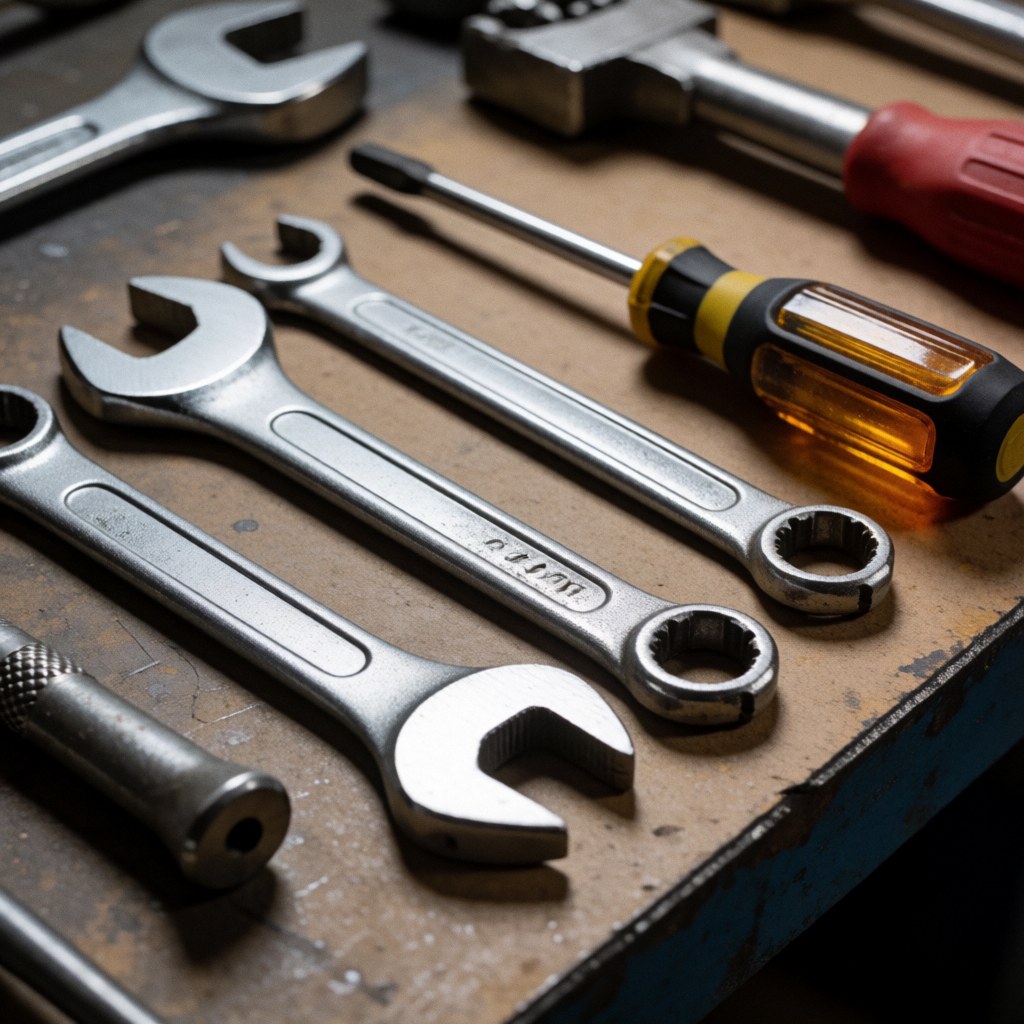 Ensemble de clés et tournevis professionnels disposés sur un établi industriel avec éclairage ciblé et détails métalliques brillants.