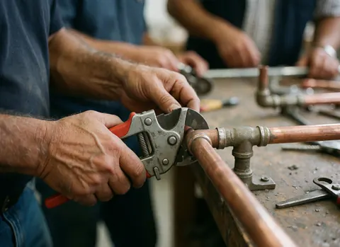 Une main d'ouvrier manipule un tube en cuivre et des outils dans un atelier, mettant en évidence la précision du travail manuel.