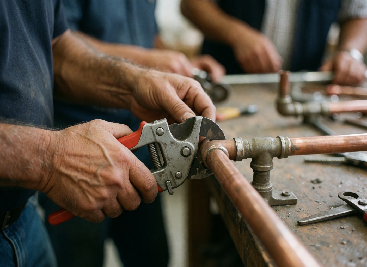 Une main d'ouvrier manipule un tube en cuivre et des outils dans un atelier, mettant en évidence la précision du travail manuel.