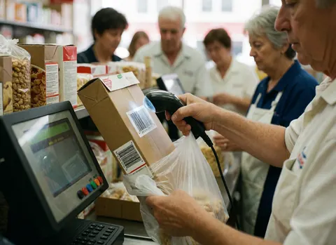 Une boîte de céréales est scannée avec un lecteur optique à la caisse d'un magasin, avec un client et un caissier en arrière-plan.