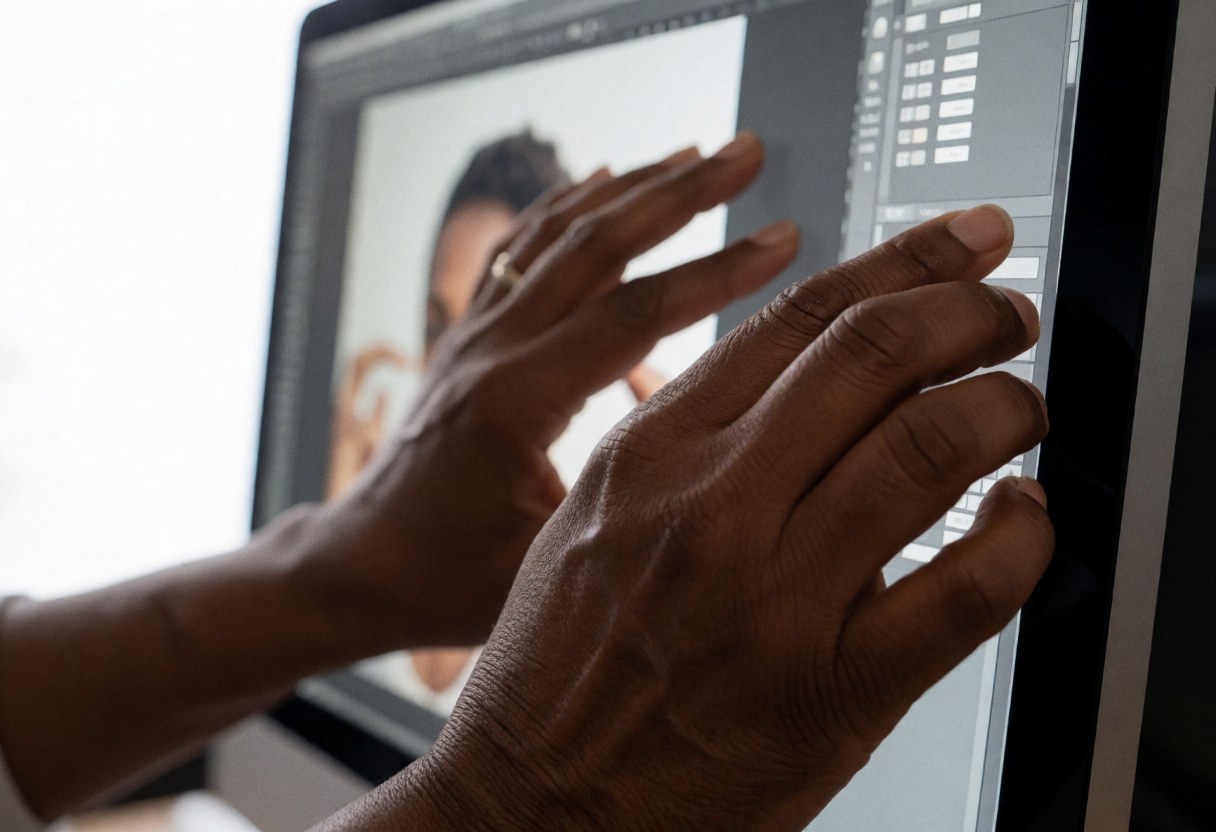 Mains de femme appliquant l'édition sur un ordinateur, détail de travail en studio photo, écran avec outils visibles.