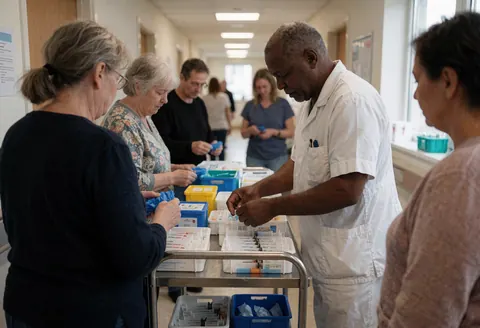 Un infirmier organise des seringues et des gants sur un chariot en métal dans un couloir d'hôpital, avec des personnes en arrière-plan qui s'occupent de patients.
