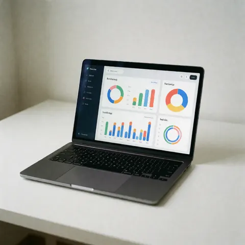 Un ordinateur portable posé sur une table blanche affiche un tableau de bord avec des graphiques à barres et circulaires aux couleurs vives.