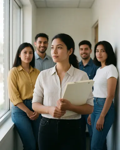 Groupe de jeunes professionnels en bureau, une femme avec un classeur regarde devant, d'autres observent depuis l'arrière-plan.