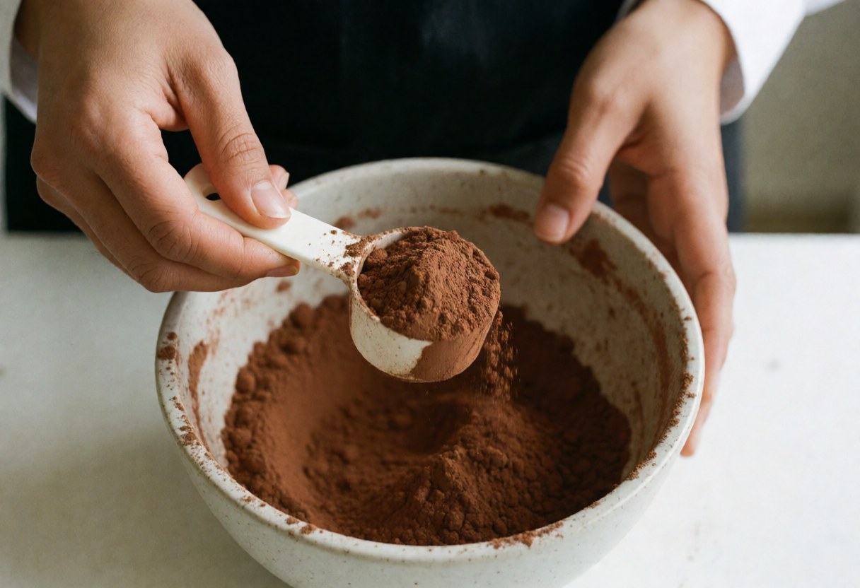 Mains mesurant du cacao avec une cuillère blanche sur une table blanche.