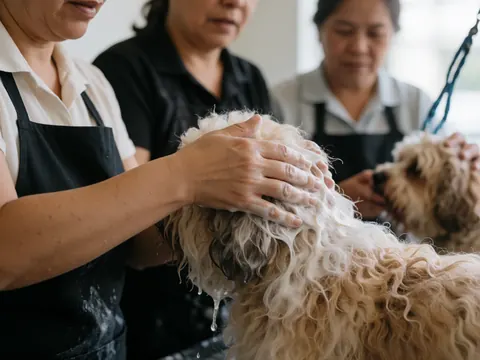 Une femme lave un chien avec du shampooing dans une pension canina tandis qu'une autre personne le maintient.