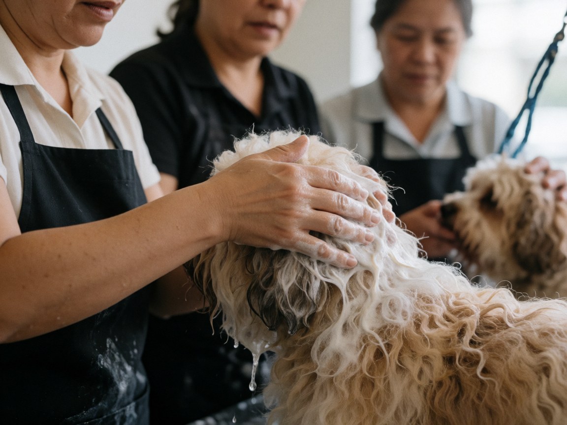 Une femme lave un chien avec du shampooing dans une pension canina tandis qu'une autre personne le maintient.