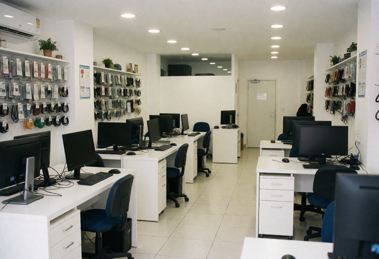 Vue intérieure d'un espace de travail de support informatique avec bureaux, écrans, chaises et étagères de câbles organisés.