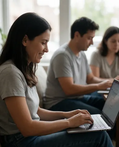 Trois personnes travaillant avec des ordinateurs portables dans un environnement de bureau moderne et lumineux.