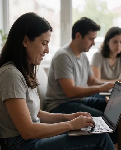 Trois personnes travaillant avec des ordinateurs portables dans un environnement de bureau moderne et lumineux.