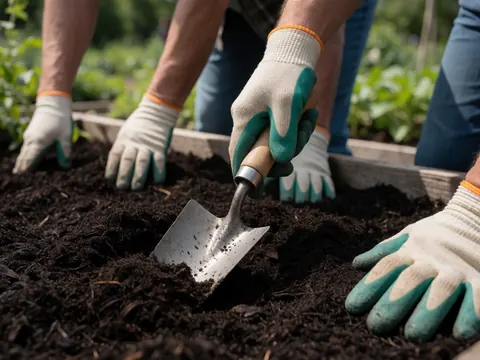Gros plan sur des mains portant des gants de travail manipulant du sol avec une pelle dans un jardin.