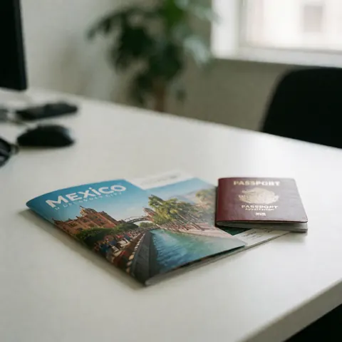 Un passeport et une brochure touristique posés sur une table blanche, avec un ordinateur et une plante en arrière-plan.