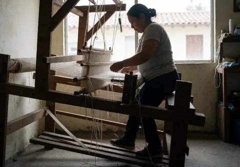 Une femme aux cheveux attachés travaille avec du fil sur un métier à tisser en bois dans un atelier.
